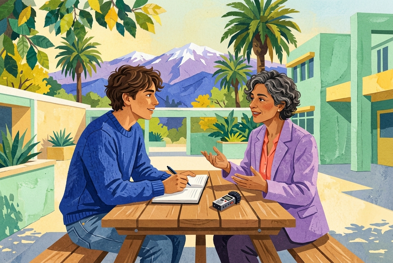 Escena ficticia de una entrevista escolar. Ilustración con Gemini; no representa a Emilia.