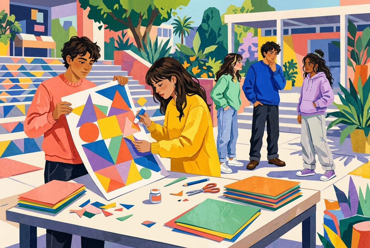Preparación imaginada de una celebración escolar. Ilustración con Gemini.