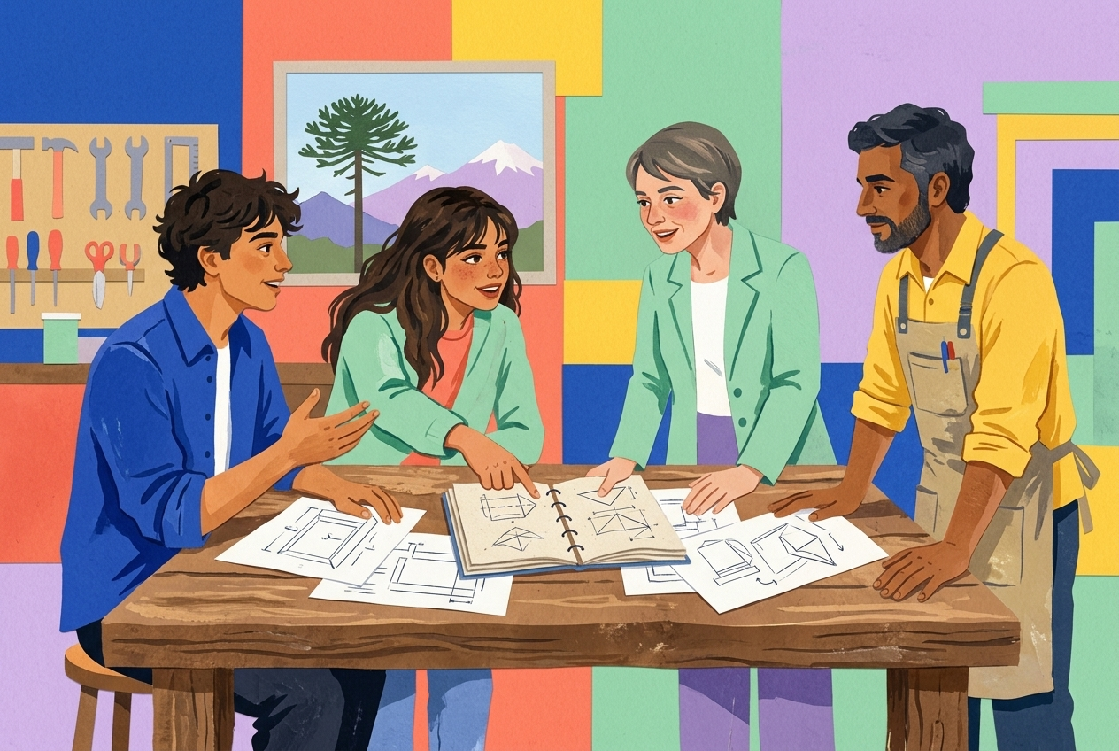 Acompañamiento docente en un taller imaginario. Ilustración con Gemini; personas ficticias.
