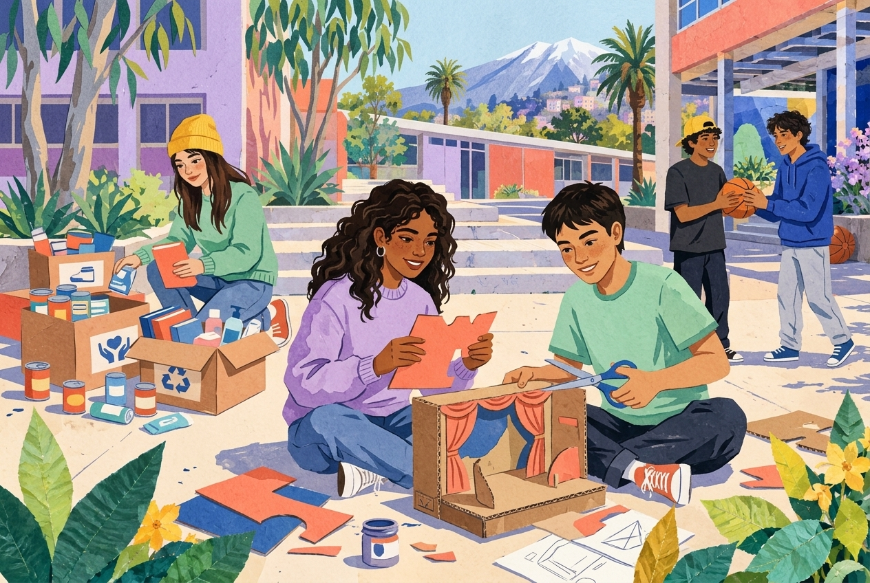 Arte, deporte y servicio en una comunidad ficticia. Ilustración con Gemini.
