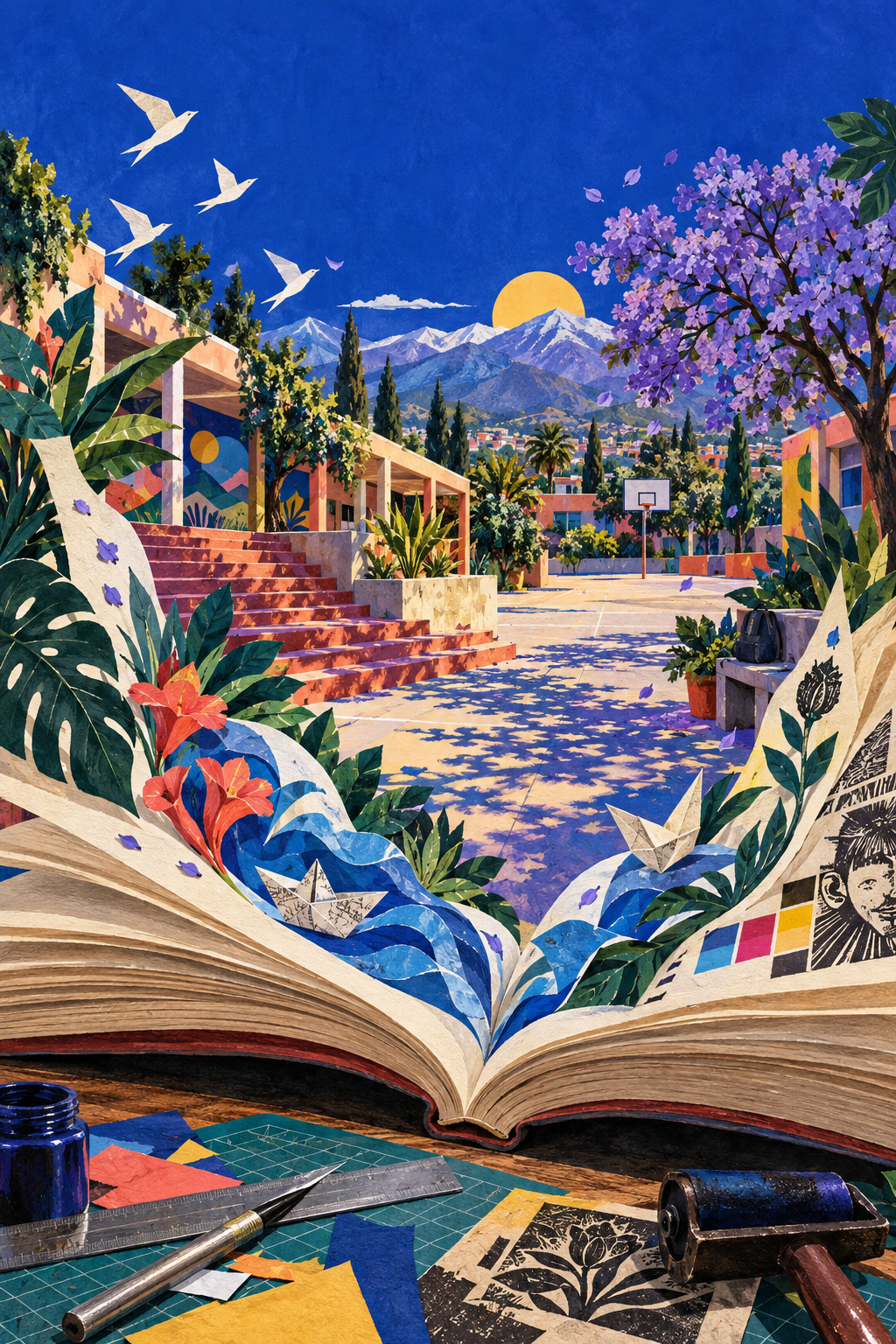 Ilustración de la portada del modelo: un libro se abre hacia un patio imaginario