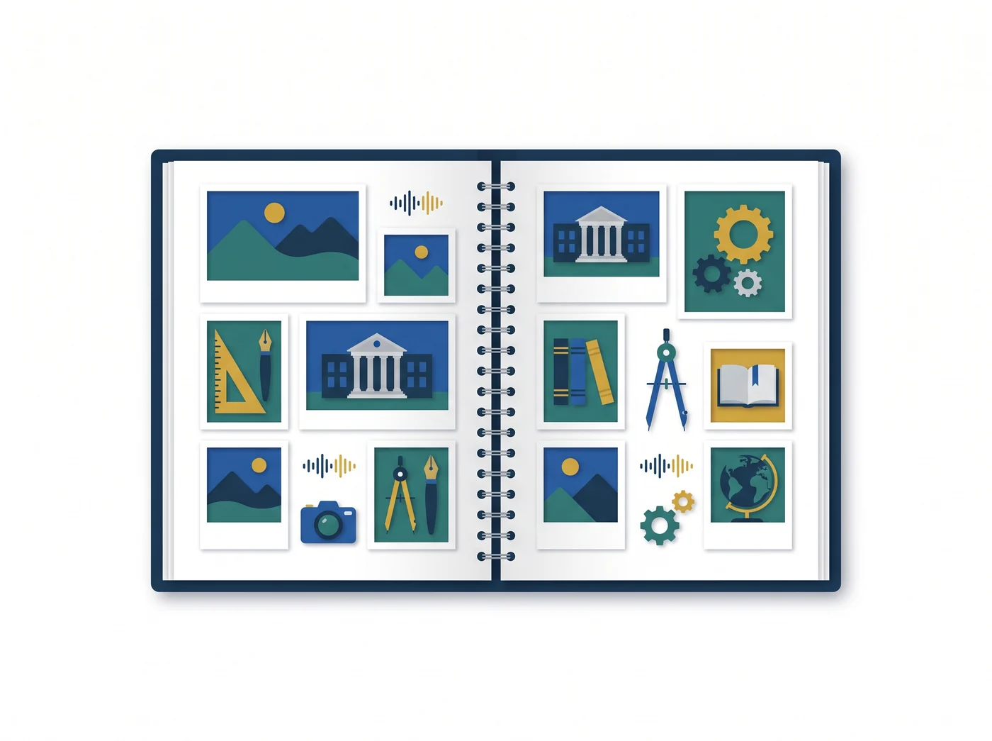 Anuario abierto con fotografías de paisajes, colegio y herramientas gráficas