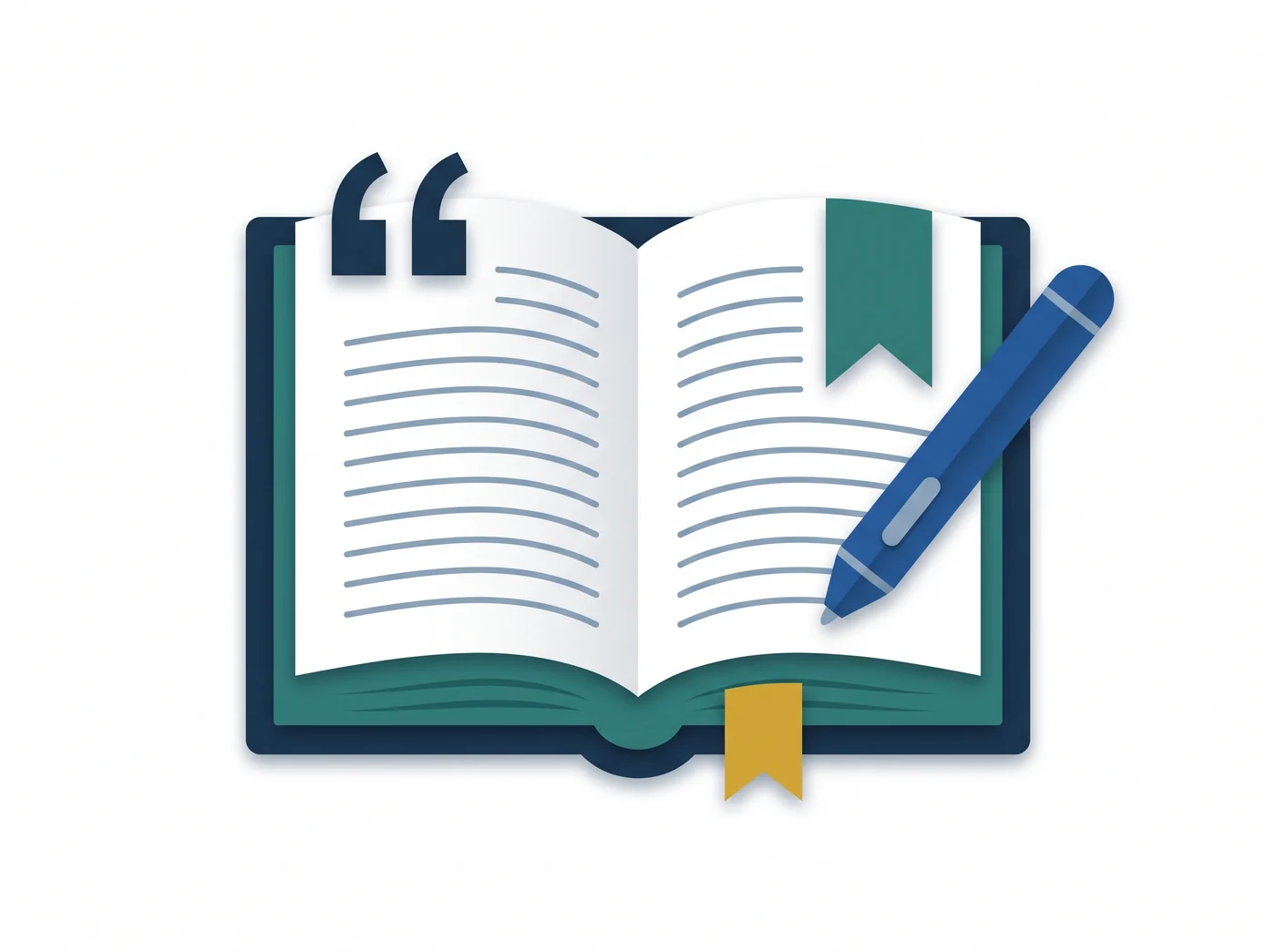Libro abierto, comillas y lápiz de análisis literario