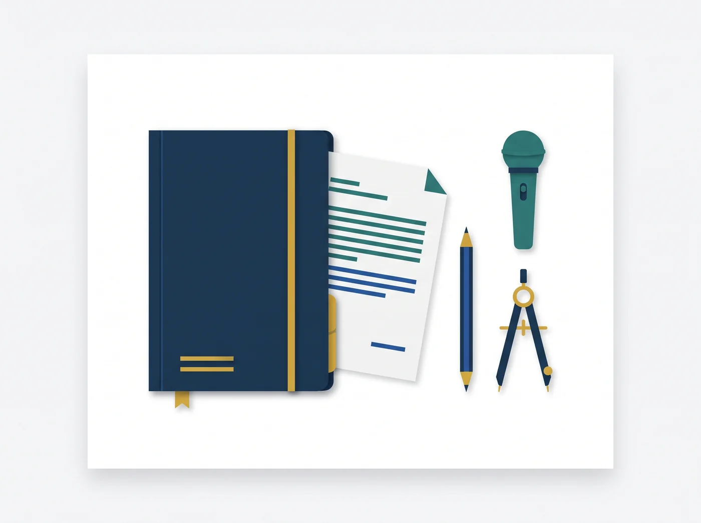 Carpeta de proyecto, documento, lápiz y micrófono