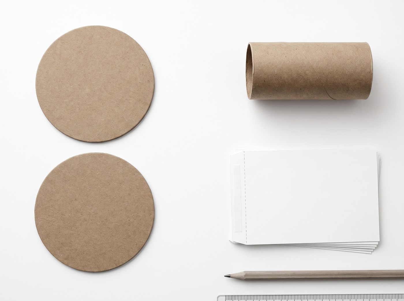 Piezas separadas: dos discos de cartón, un tubo y tarjetas de papel.