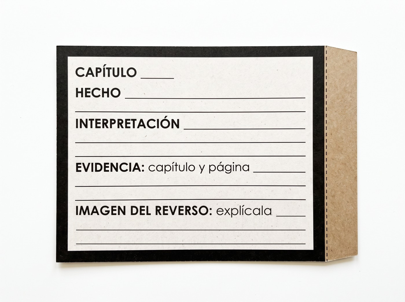 Frente de la tarjeta con campos: capítulo, hecho, interpretación, evidencia y explicación de la imagen del reverso.