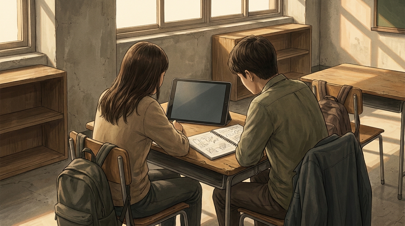Dos estudiantes trabajando sobre una tablet y un cuaderno