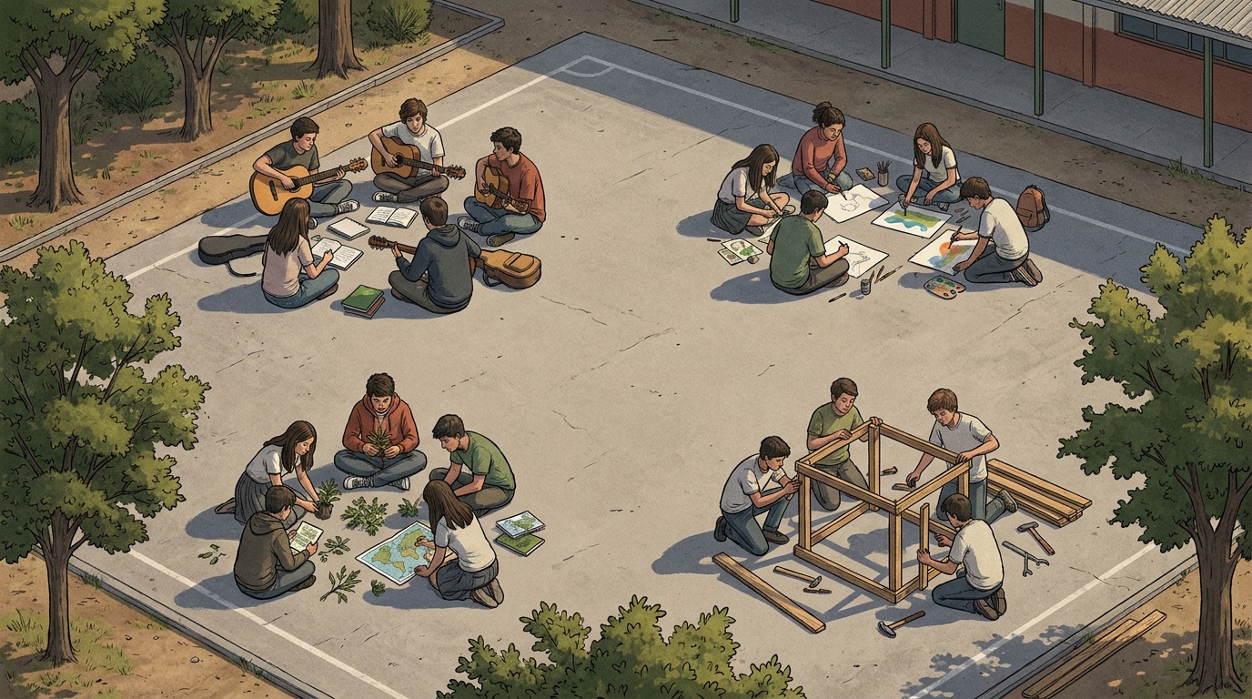 Grupos de estudiantes en un patio, cada uno en lo suyo