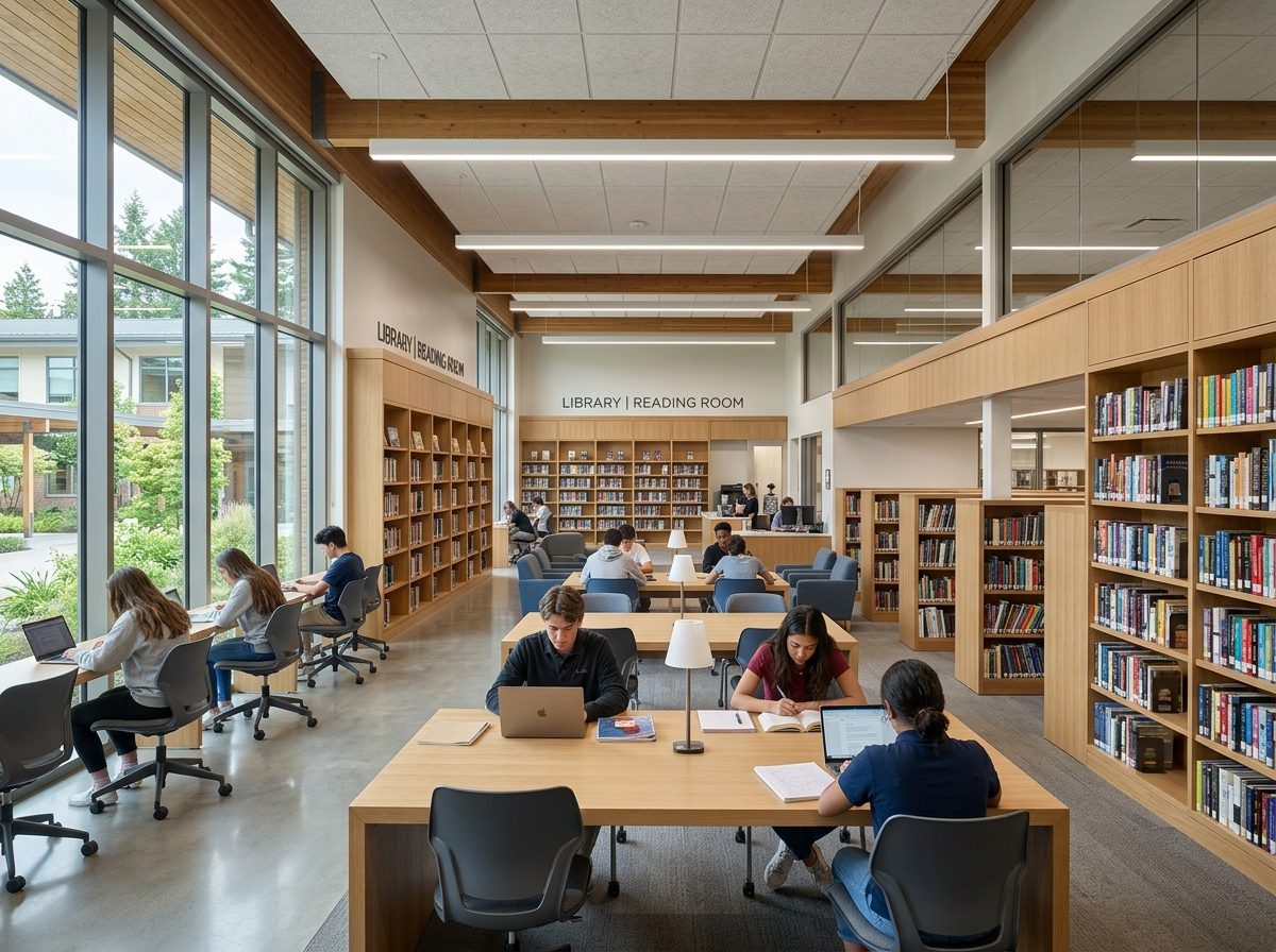 Sala de lectura moderna con estudiantes y estanterías; en la pared hay letreros que dicen Library, Reading Room