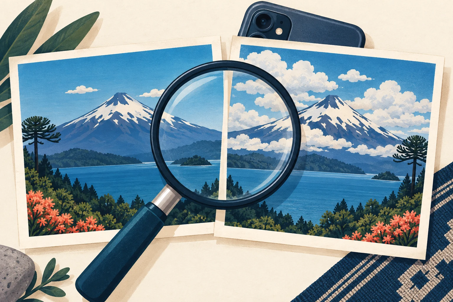 Ilustración de una lupa sobre dos fotografías con distintas nubes