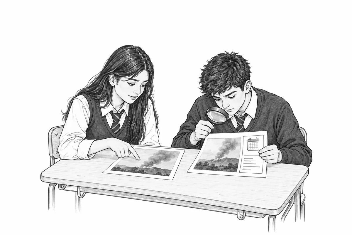 Dos estudiantes comparan una imagen con documentos impresos