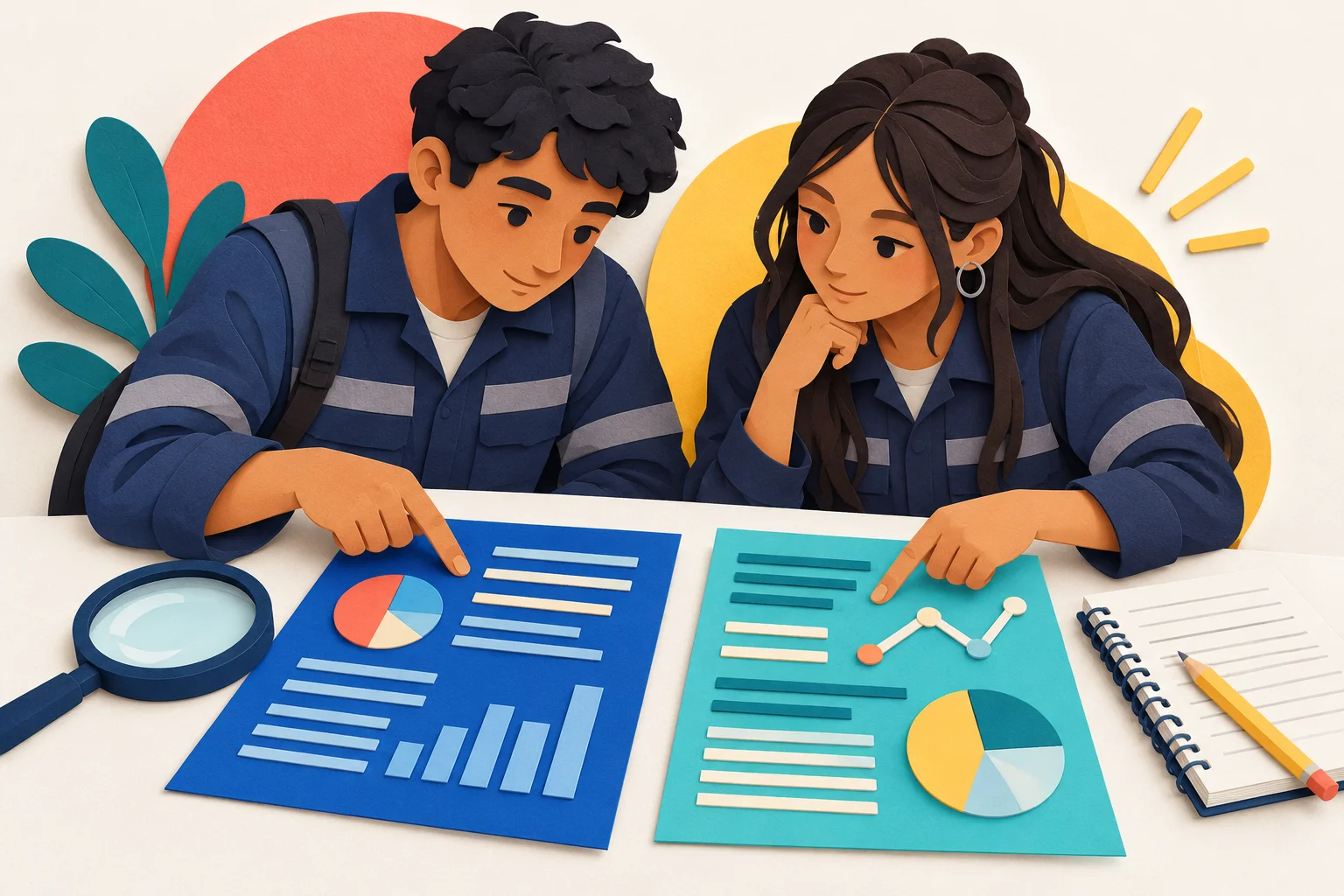 Ilustración de estudiantes que comparan dos fuentes.