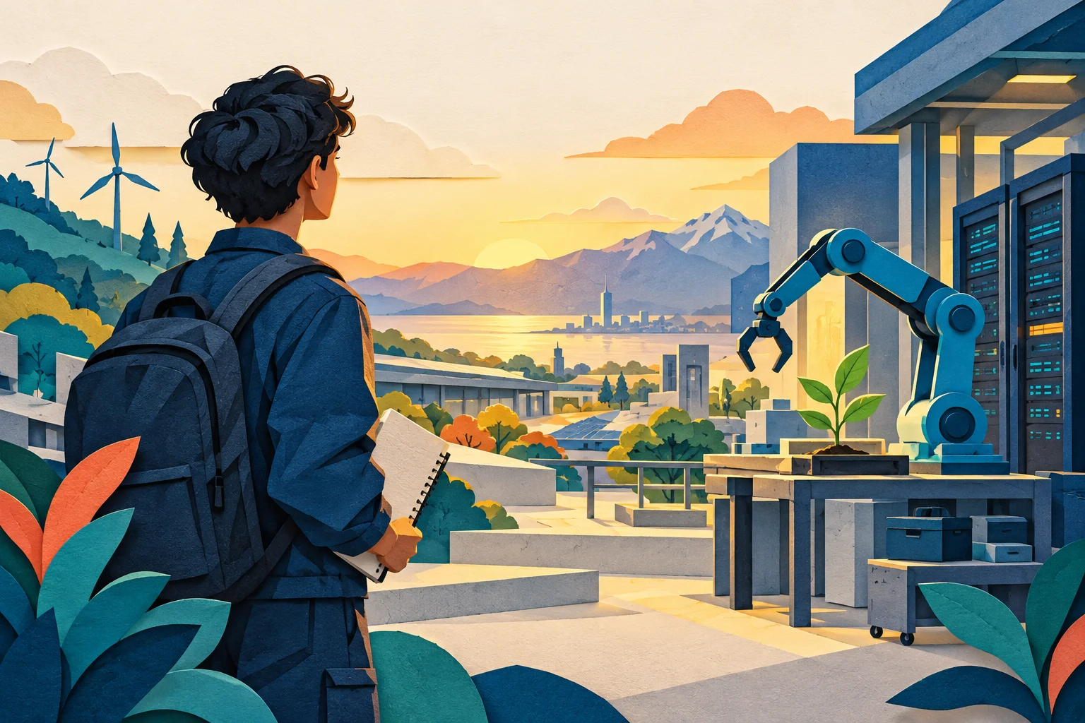 Un estudiante observa un entorno de trabajo con tecnología.