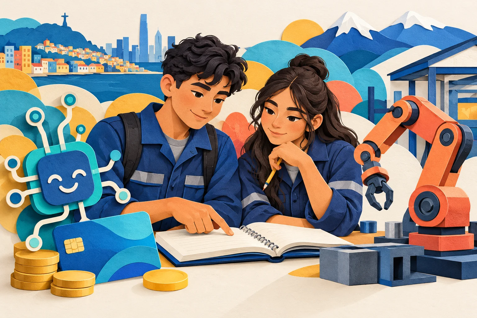Ilustración de dos estudiantes junto a un cuaderno, un chip, dinero y un brazo robótico.