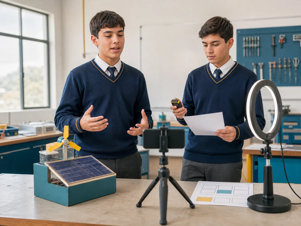 Estudiantes preparando un video pitch con un telefono celular