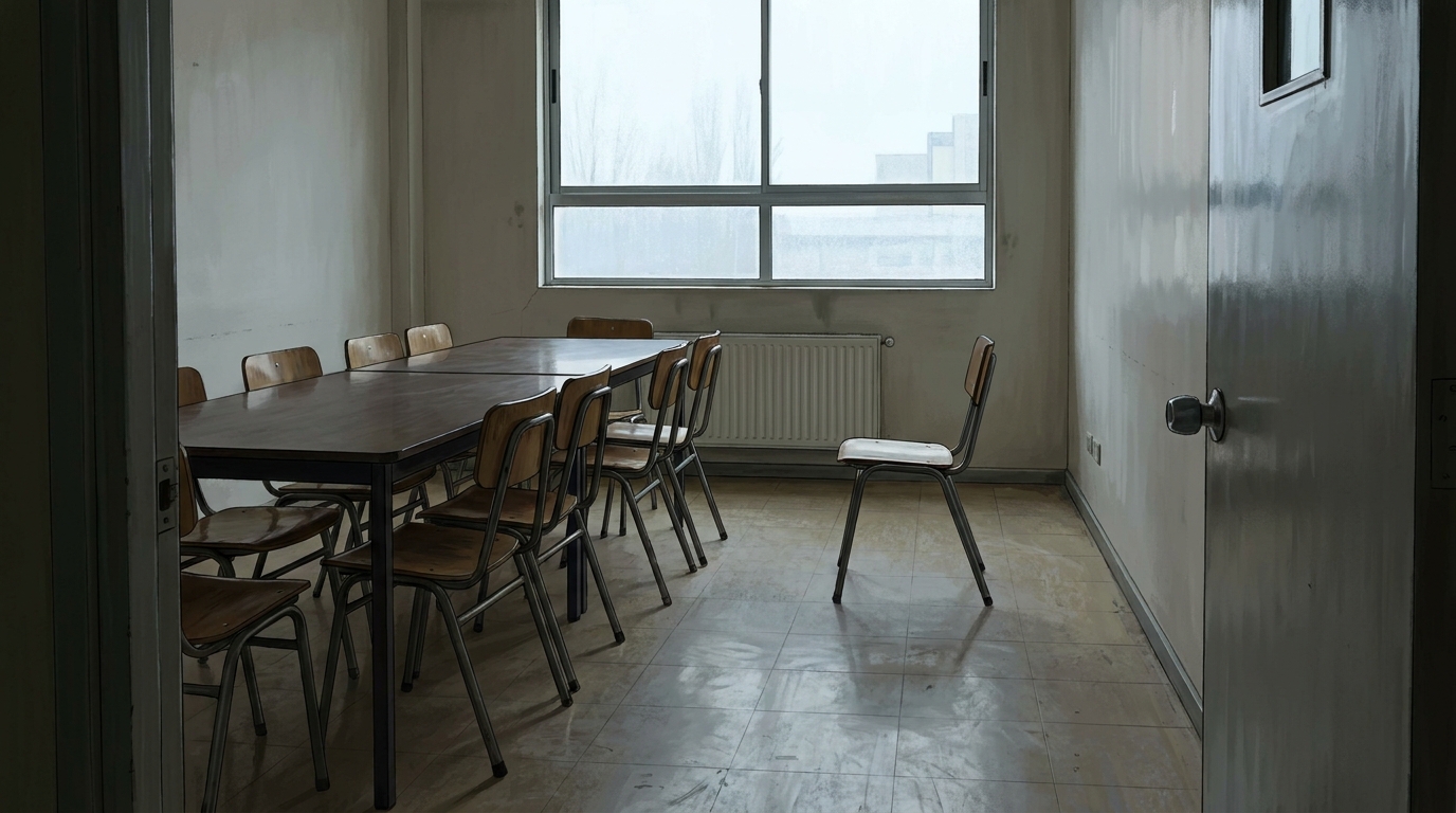 Sala de reuniones vacía con una silla apartada del grupo