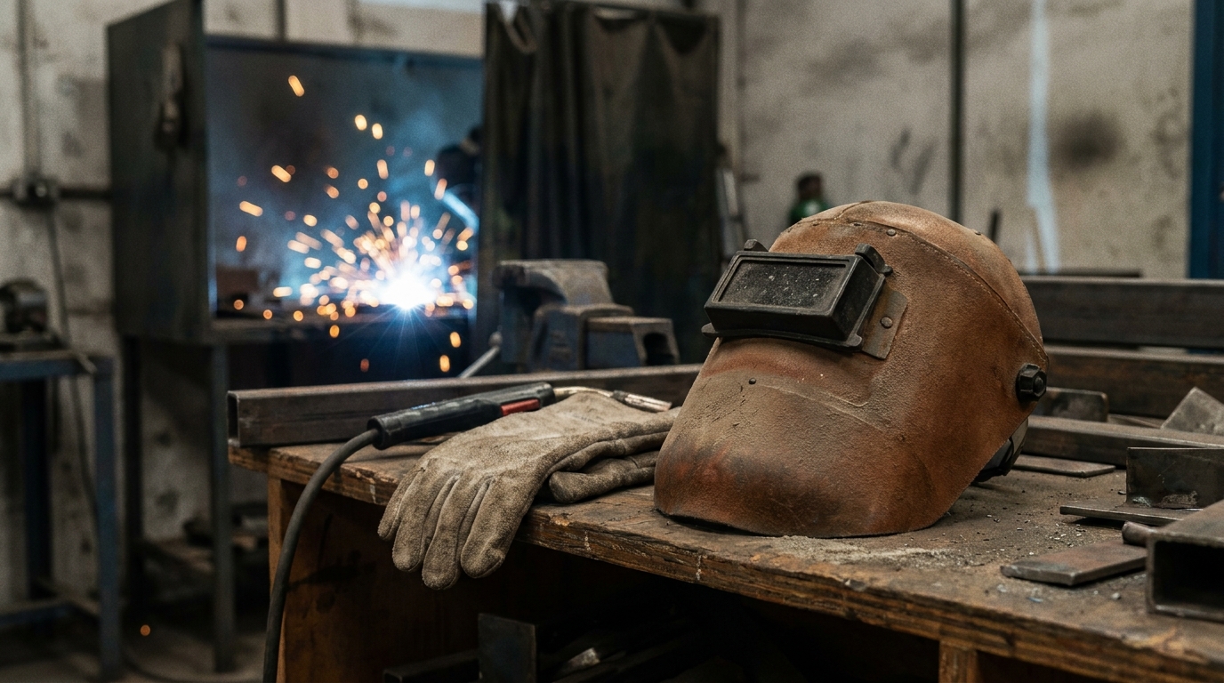 Careta de soldar y guantes sin usar sobre un banco de taller