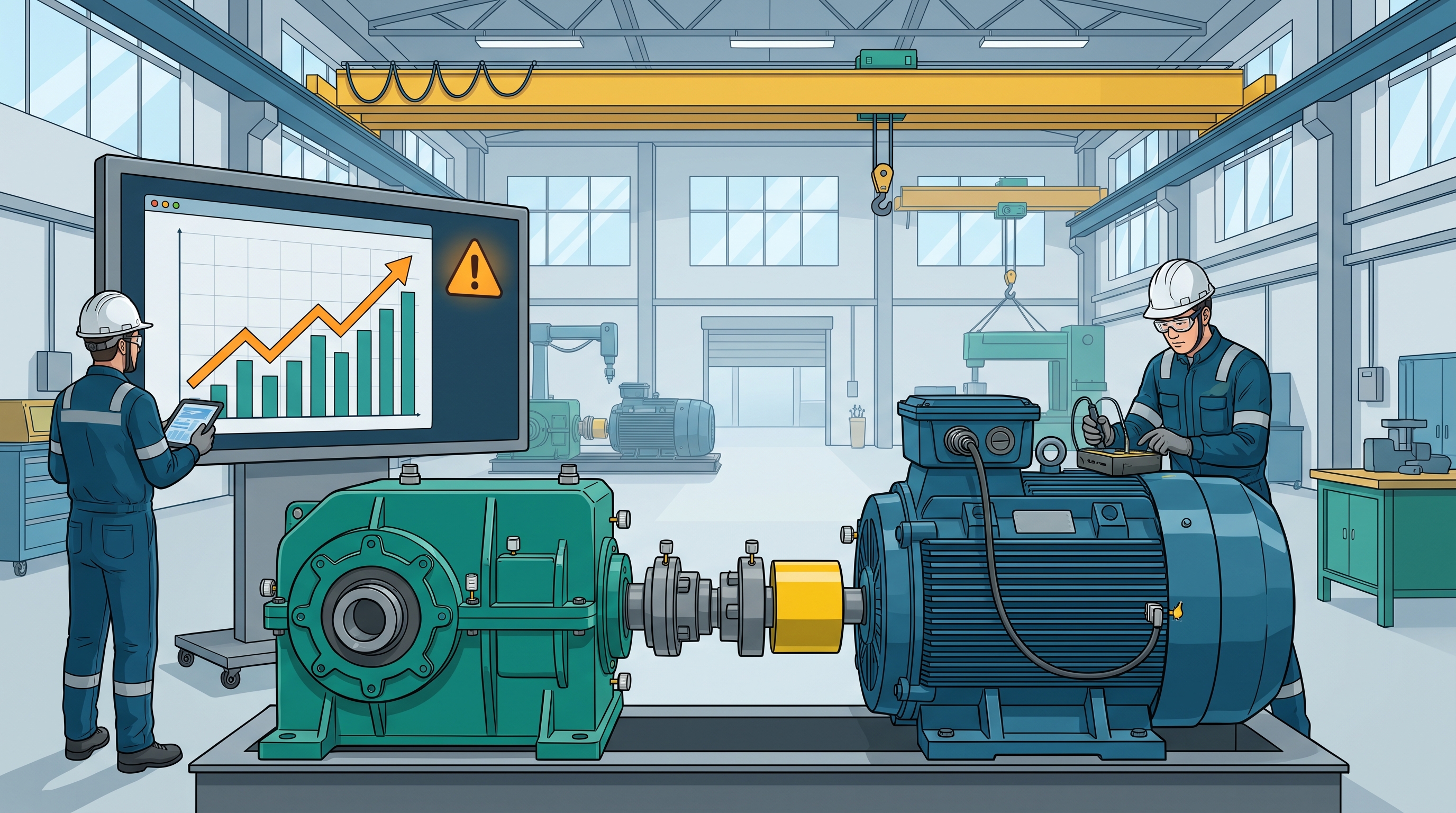 Motor industrial con sensores y técnicos que comparan una alerta digital con la inspección del equipo