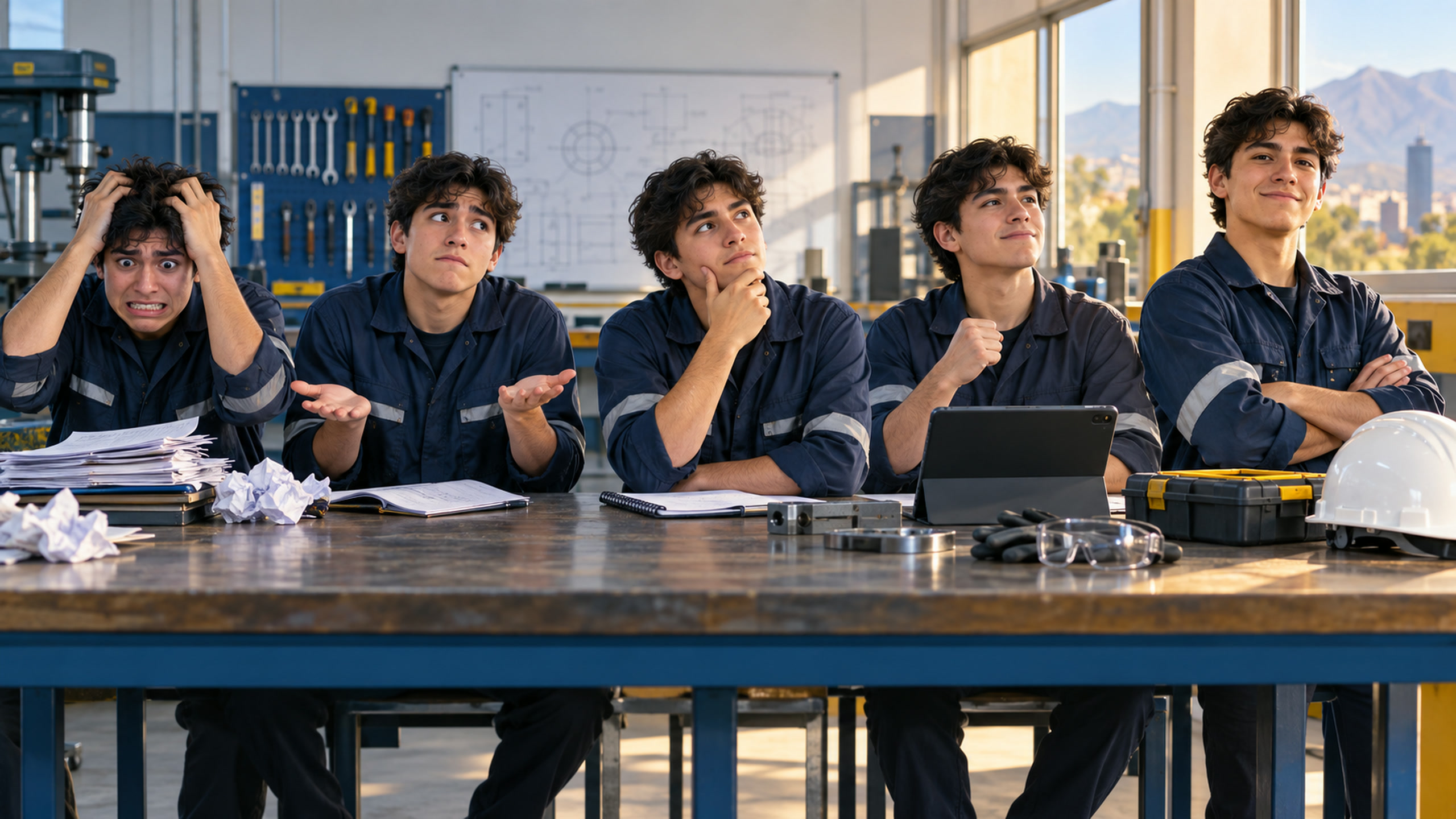 Secuencia humorística de un estudiante técnico que pasa de sentirse muy nervioso a sentirse preparado para trabajar