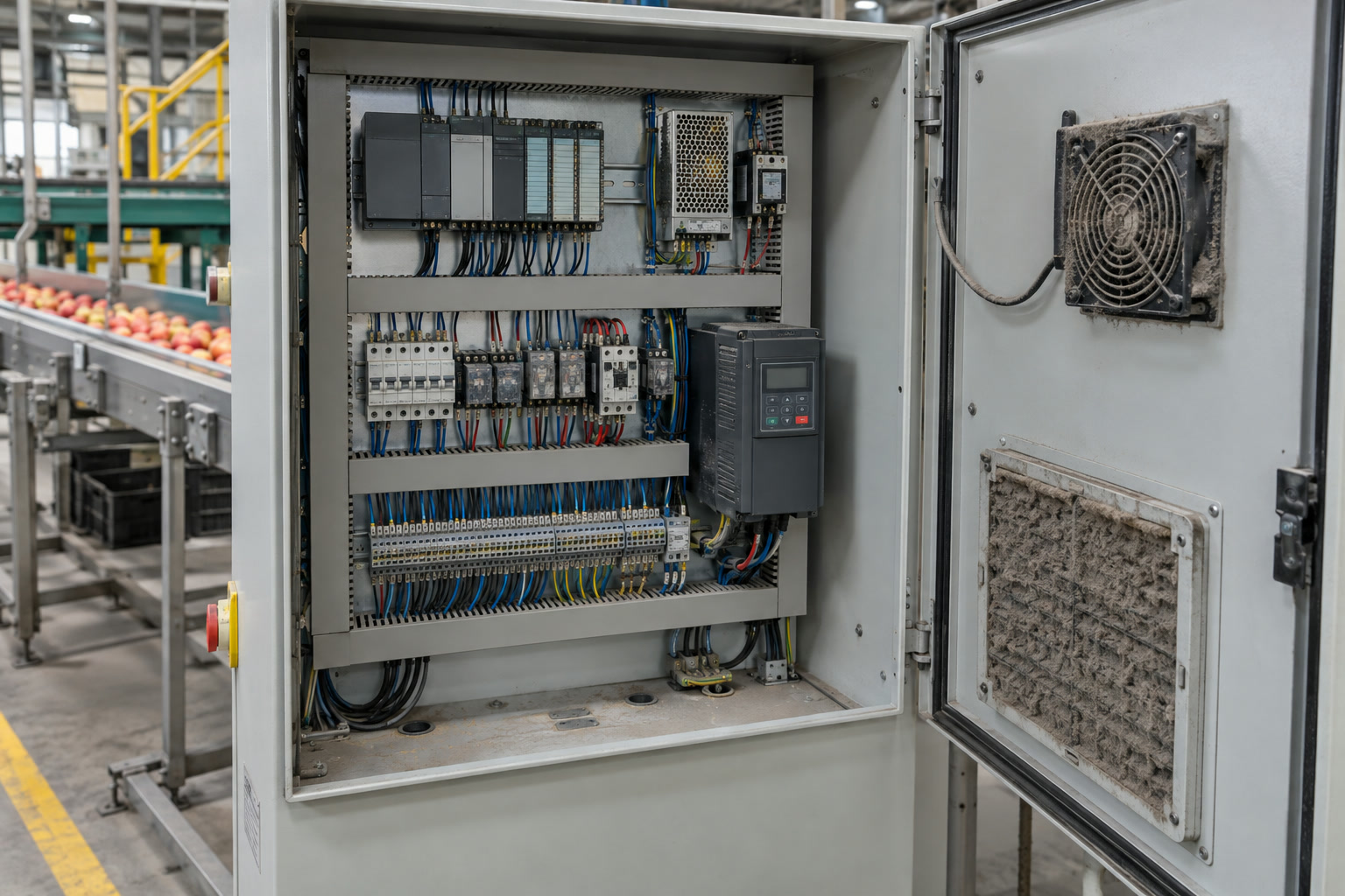Gabinete de control con filtro y ventilador cubiertos de polvo
