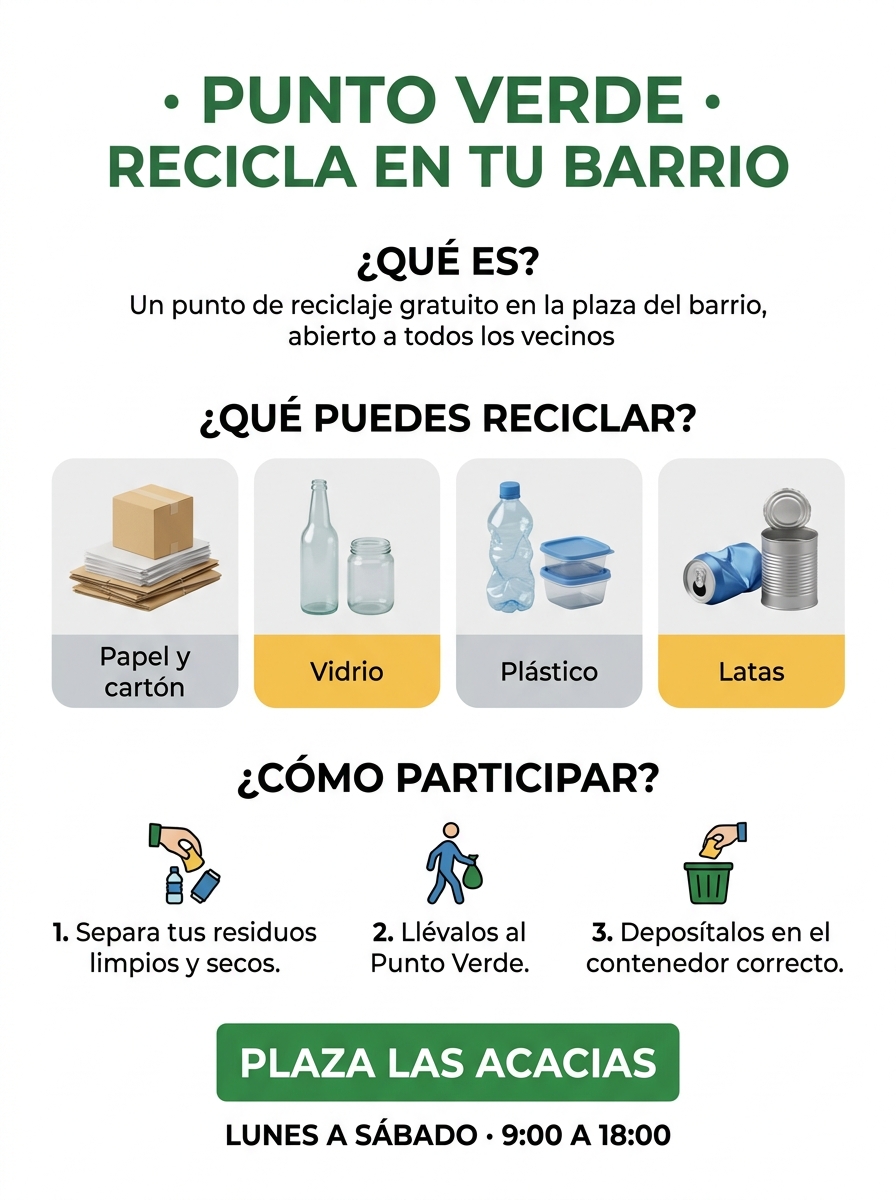 Folleto de reciclaje Punto Verde con materiales, pasos, dirección y horario