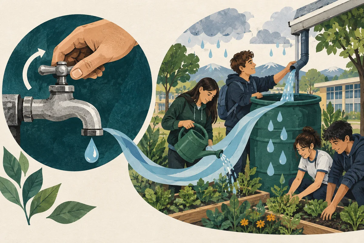 A la izquierda, una mano cierra una llave de agua junto a una gran gota; a la derecha, estudiantes reúnen agua de lluvia para un huerto.