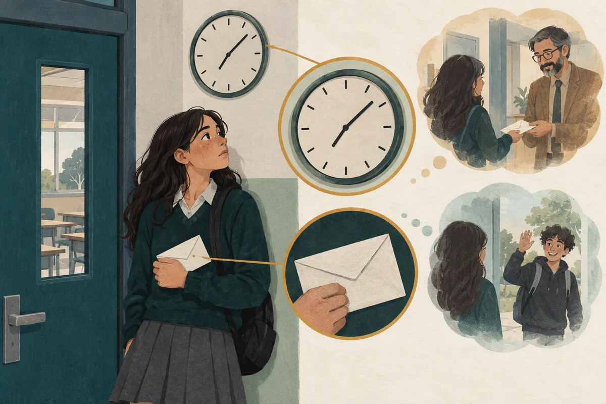 Una joven espera junto a una puerta escolar y un reloj con un sobre en la mano; aparecen ampliaciones de esos indicios y dos escenas imaginadas, con una persona adulta o una compañera.
